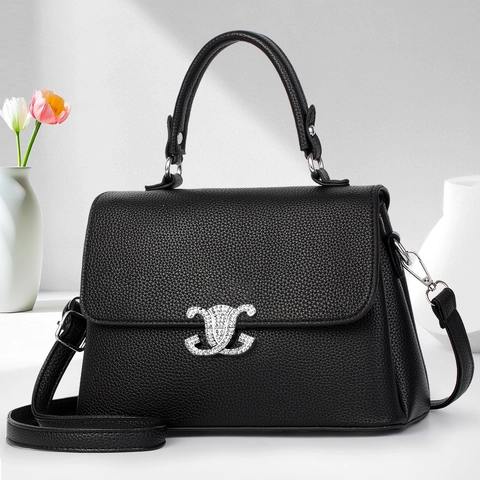 Women Lychee Pattern PU Leather Handbag Rhinestone Metal Lock Square Shoulder Bag Daily Commute Versatile Crossbody Bag