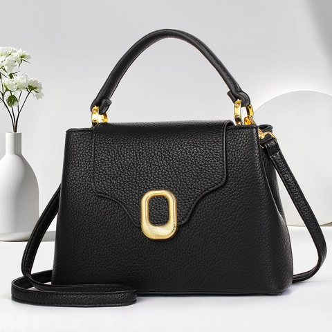 Women Handbag Lychee Grain PU Leather Square Top Handle Crossbody Shoulder Bag Gold Buckle Chic Minimalist