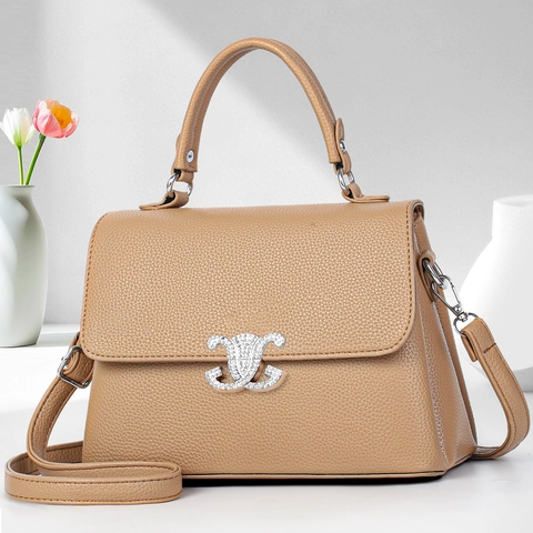 Women Lychee Pattern PU Leather Handbag Rhinestone Metal Lock Square Shoulder Bag Daily Commute Versatile Crossbody Bag