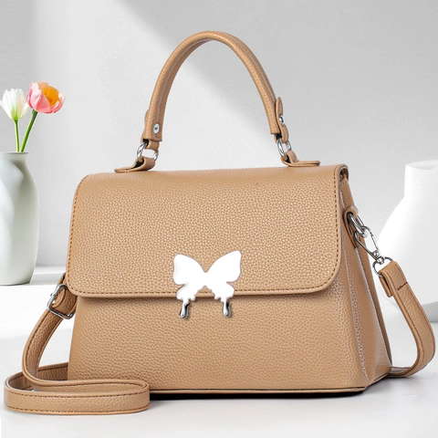 Women Handbag PU Leather Lychee Pattern Butterfly Buckle Crossbody Shoulder Bag Minimalist Commuting Fashion Tote
