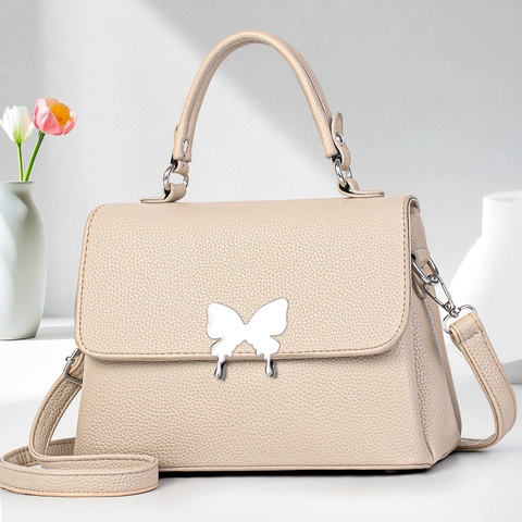 Women Handbag PU Leather Lychee Pattern Butterfly Buckle Crossbody Shoulder Bag Minimalist Commuting Fashion Tote