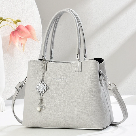 Women Tote Bag Litchi Pattern PU Leather Handbag Large Capacity Crossbody With Artificial Pearl Charm Elegant Daily Commute