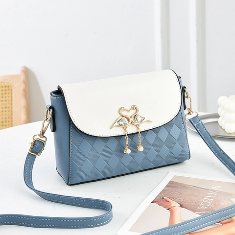 Bolso Bandolera Mujer Cuero PU Patrón Rombos Color Contraste Hebilla Cisne Borla Perla Artificial Bolso Hombro Elegante