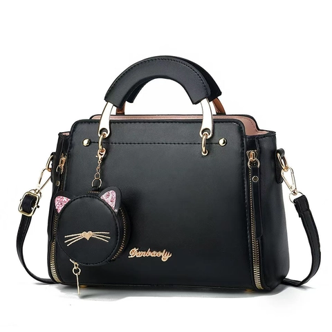 Sac À Main Bandoulière Cuir PU Avec Charme Chat Porte-Monnaie Fermeture Éclair Latérale Bandoulière Réglable Style Doux Femme