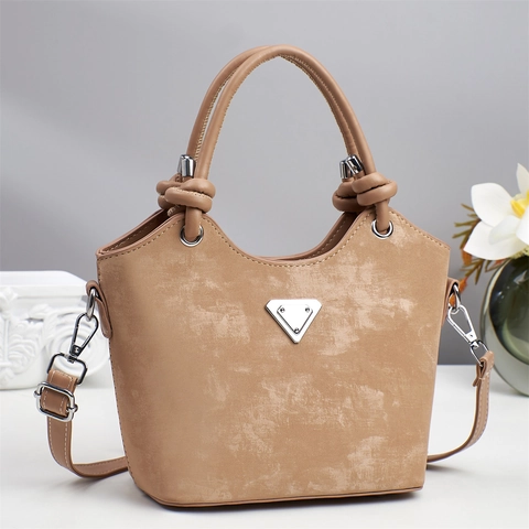 Damen Eimer Tasche PU Leder Minimalistisch Ziernähte Schulter Umhängetasche Mit Knoten Griff Und Dreiecksplatte