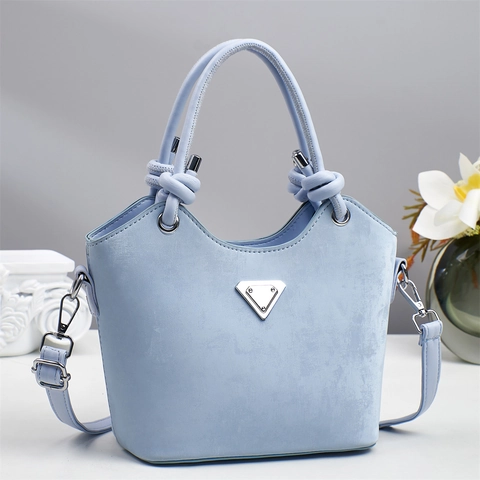 Damen Eimer Tasche PU Leder Minimalistisch Ziernähte Schulter Umhängetasche Mit Knoten Griff Und Dreiecksplatte