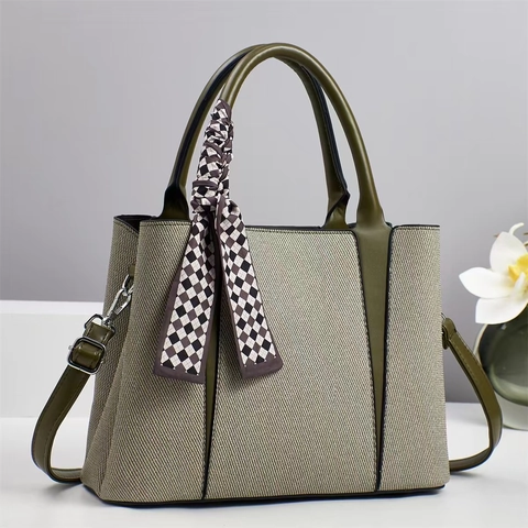 Bolso De Mano Para Mujer Cuero PU Lona Empalme Gran Capacidad Color Contraste Tote Con Pañuelo Decorativo Elegante Bolso De Hombro