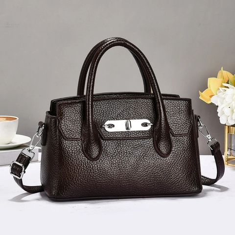 Litchi Grain PU Leather Handbag With Silver Turn Lock Crossbody Shoulder Bag For Women Commuter Casual Style Solid Color