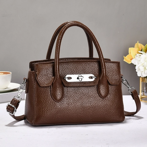 Litchi Grain PU Leather Handbag With Silver Turn Lock Crossbody Shoulder Bag For Women Commuter Casual Style Solid Color