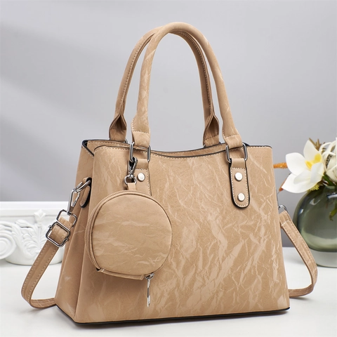 Borsa a Mano da Donna in Pelle PU Pieghettata Grande Capacità Con Borsellino Rotondo Motivo Marmorizzato Borsa a Tracolla