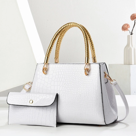 Elegant Women Handbag And Clutch PU Leather Crocodile Pattern With Metallic Woven Handle Crossbody Shoulder Bag