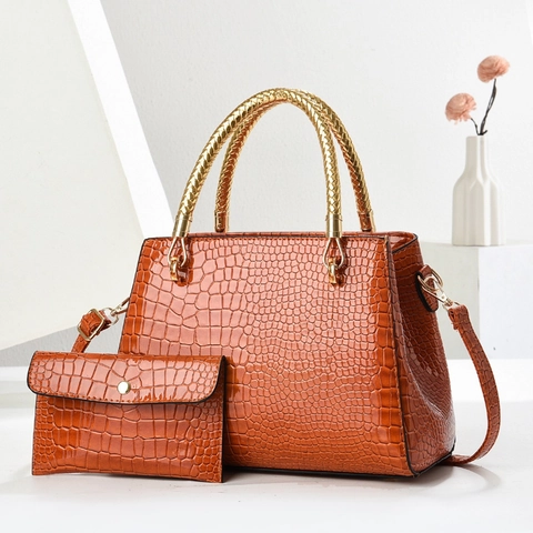 Elegant Women Handbag And Clutch PU Leather Crocodile Pattern With Metallic Woven Handle Crossbody Shoulder Bag