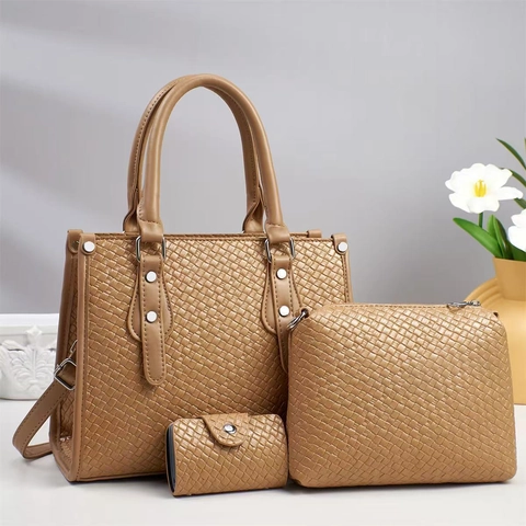 Women PU Leather Woven Texture Tote And Pouch And Wallet Large Capacity Retro Versatile Handbags