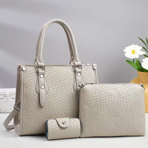 Women PU Leather Woven Texture Tote And Pouch And Wallet Large Capacity Retro Versatile Handbags