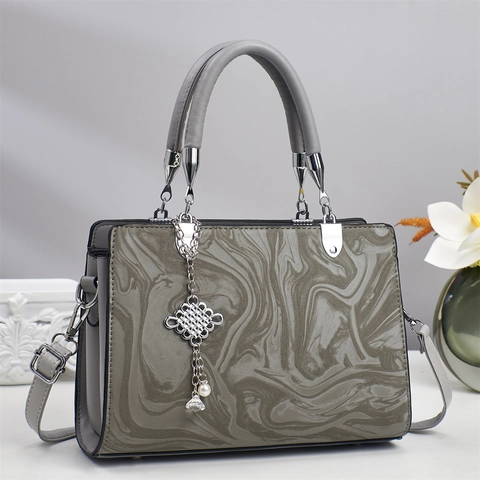 Women Handbag PU Leather Marble Pattern Crossbody Bag With Chinese Knot Artificial Pearl Charm Detachable Strap Square Tote