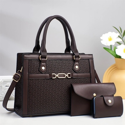 Borsa A Mano In Pelle PU Pochette E Porta Carte Monogramma Goffrato Motivo Geometrico Catena Dorata Decoro Borsa A Tracolla
