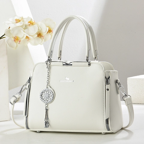 Borsa Da Donna In Pelle PU Trama Litchi Con Tracolla Rimovibile E Pendente In Metallo Elegante Versatile