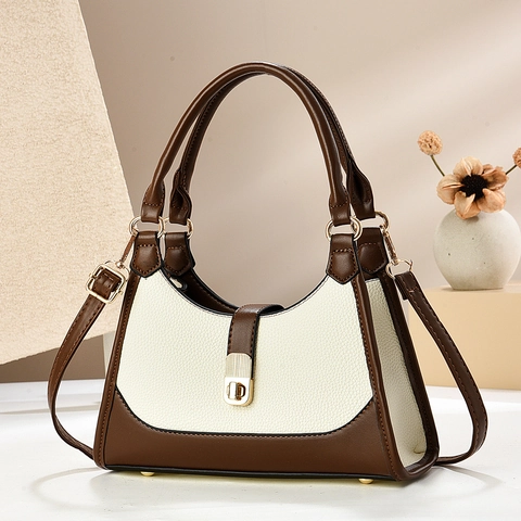 Bolso De Mano Para Mujer Color De Contraste Cuero PU Patrón Lichi Bolso De Axila Con Correa Ajustable Elegante Retro