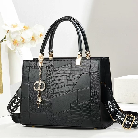 Borsa Tote Da Donna Motivo Coccodrillo Pelle PU Patchwork Grande Capacità Borsa A Tracolla Con Ampia Tracolla Jacquard Ciondolo
