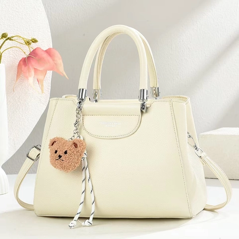 Women Litchi Grain PU Leather Handbag Elegant Fashion Commuting Crossbody Bag With Strap And Bear Pendant