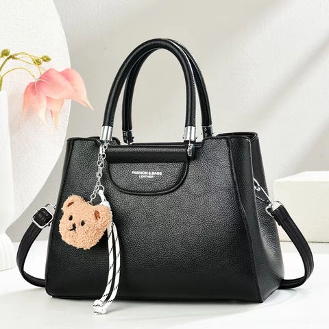Women Litchi Grain PU Leather Handbag Elegant Fashion Commuting Crossbody Bag With Strap And Bear Pendant