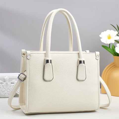 Bolso de Mano de Cuero PU de Moda para Mujer Grano de Lichi Bolso Bandolera para Viajar Con Decoración de Metal en Forma de U Color Sólido