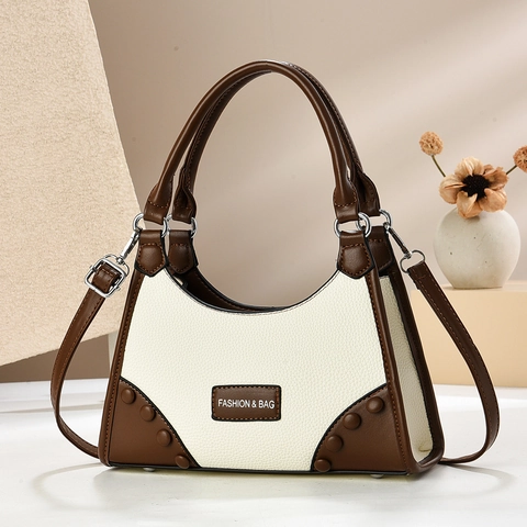 Bolso De Mano De Cuero PU De Moda Para Mujer Color De Contraste Textura De Lichi Decoración De Remaches Hombro Casual