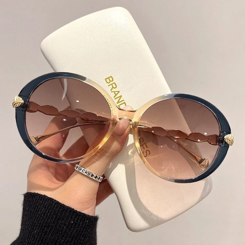 Lunettes De Soleil Rondes Surdimensionnées Pour Femmes Décor De Feuilles En Métal Branches Ondulées Mode