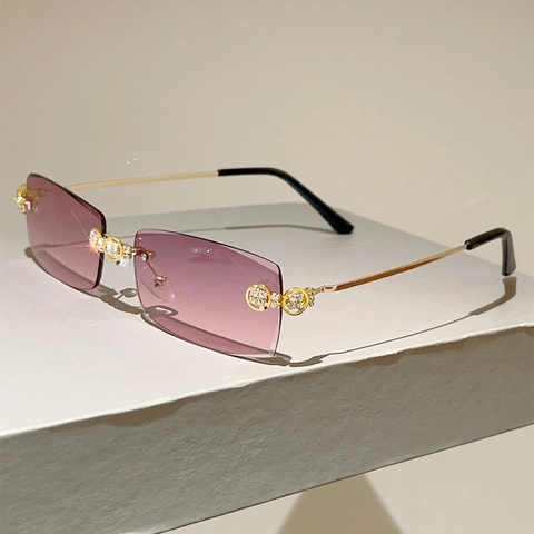 Randloze Zonnebril Metalen Frame Strass Detail UV400 Vierkant Verloop Lens Luxe Mode Brillen
