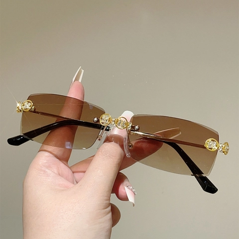 Randloze Zonnebril Metalen Frame Strass Detail UV400 Vierkant Verloop Lens Luxe Mode Brillen