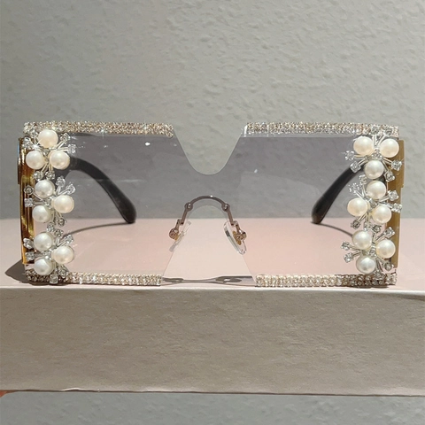 Oversized Square Rimless Sunglasses Rhinestone Faux Artificial Pearl Luxury Gradient Lenses Fashion Party Eyewear For Women