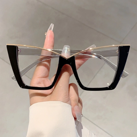 Occhiali Occhio Di Gatto Con Montatura Grande Per Donna Retro Metallo Decorativo A V Anti Luce Blu Lenti Trasparenti
