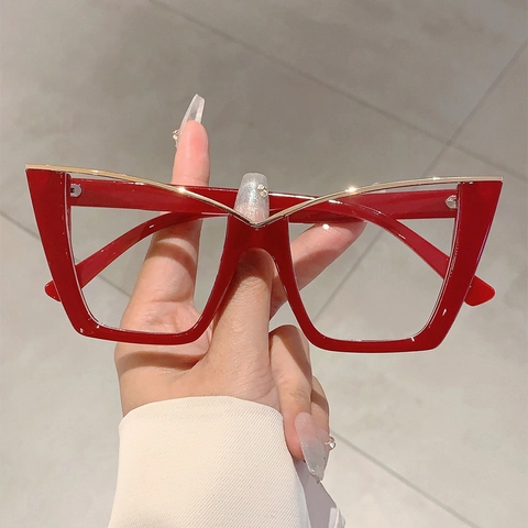 Occhiali Occhio Di Gatto Con Montatura Grande Per Donna Retro Metallo Decorativo A V Anti Luce Blu Lenti Trasparenti