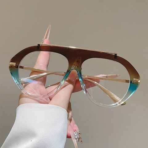 Occhiali Anti Luce Blu Oversize Montatura Pilota Retro PC Metallo Moda Lenti Chiare Per Donna