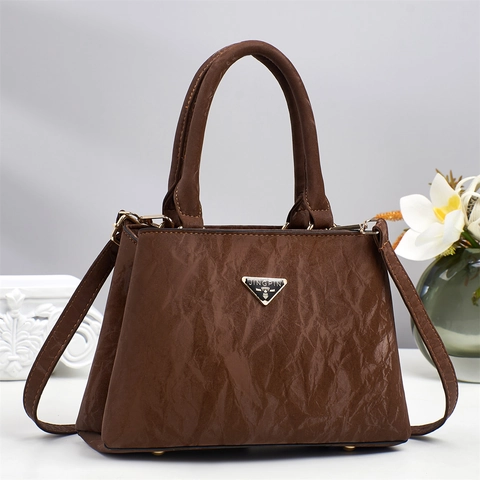 Women Handbag PU Leather Crinkle Texture Elegant Crossbody Bag With Triangle Metal Logo Retro Top Handle Chic