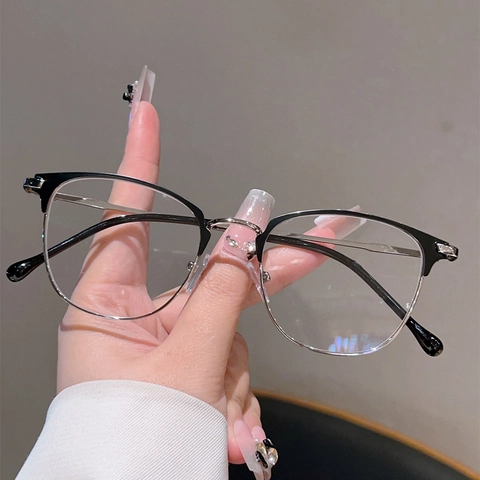 Lunettes Rétro À Demi Monture Anti Lumière Bleue En Métal Carrées Lunettes De Vue Mode Pour Femmes Et Hommes