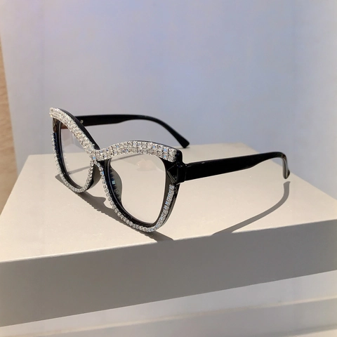 Montura De Gafas Cat Eye De Gran Tamaño Brillantes Diamantes De Imitación Anti Luz Azul Gafas Decorativas De PC Moda Mujer