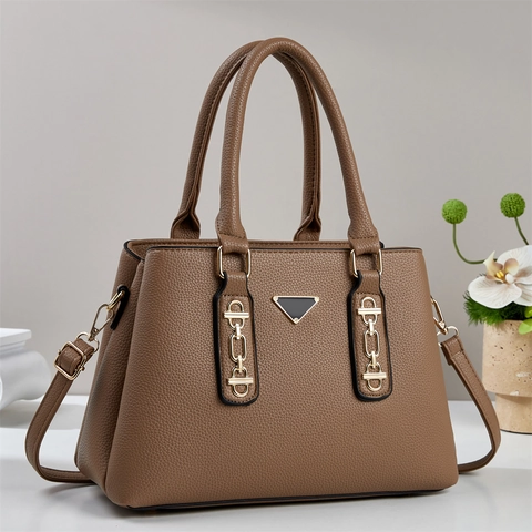 Women Handbag Large Capacity PU Leather Litchi Grain Solid Color Top Handle Tote Bag With Chain Decor Crossbody Strap