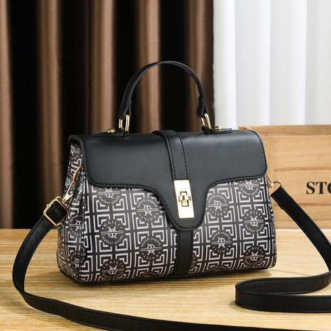 Women Retro Monogram Print Handbag PU Leather Metal Lock Crossbody Shoulder Bag Elegant Versatile Commuter Purse