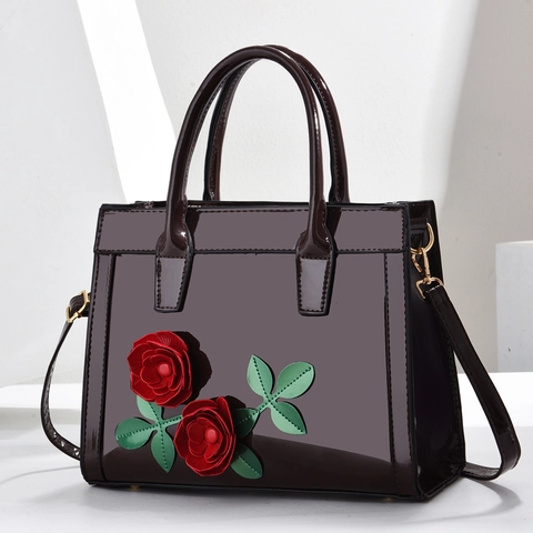 Patent PU Leather Women Handbag With Rose Flower Decor Glossy Tote Crossbody Bag For Daily Fashion Elegant Style
