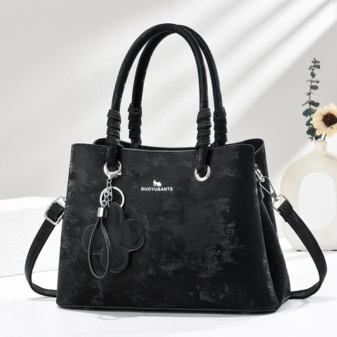 Vintage Frosted PU Leather Handbag Women Retro Tote Crossbody Shoulder Bag Large Capacity Solid Color With Clover Pendant