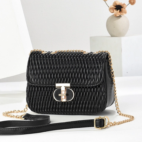Damen PU Leder Schulter Umhängetasche Falten Steppmuster Goldene Kette Metallschloss Schicke Vielseitige Handtasche