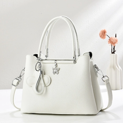 Women Litchi Texture PU Leather Handbag Large Capacity Tote Bag Butterfly Pendant Double Handle Adjustable Strap Elegant Commute