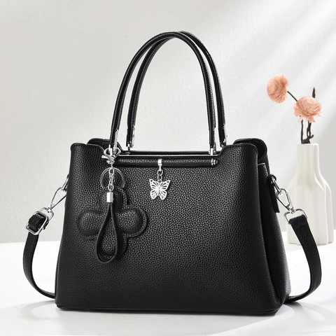 Women Litchi Texture PU Leather Handbag Large Capacity Tote Bag Butterfly Pendant Double Handle Adjustable Strap Elegant Commute