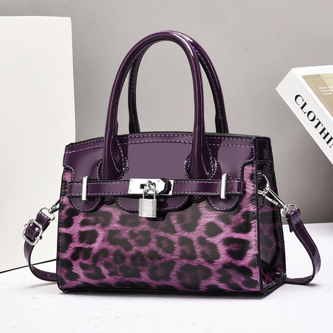 Leopard Print Patchwork Handbag PU Patent Leather Metal Lock Detachable Strap Elegant Street Fashion Women