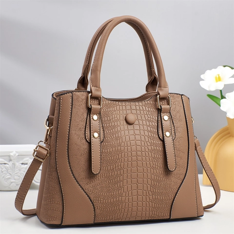 Sac À Main Femme Gaufrage Crocodile Cuir PU Grande Capacité Tote Épaule Bandoulière Rivets Dorés Élégant Style Business