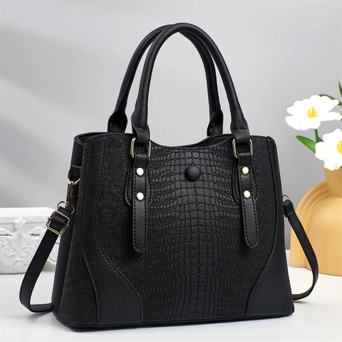 Sac À Main Femme Gaufrage Crocodile Cuir PU Grande Capacité Tote Épaule Bandoulière Rivets Dorés Élégant Style Business