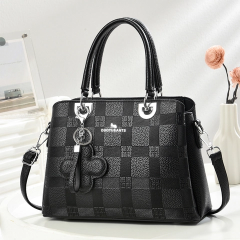 Bolso De Mano Para Mujer Moda Relieve Damero Cuero PU Retro Tote Hombro Bandolera Con Colgante De Flor Elegante