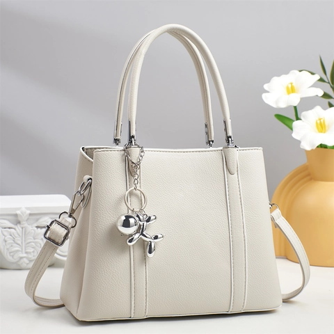 Sac À Main Femme En Cuir PU Grain Lychee Grande Capacité Sac Cabas Bureau Avec Bandoulière Amovible Breloque Chien Ballon