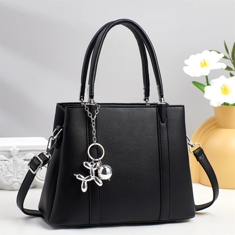Sac À Main Femme En Cuir PU Grain Lychee Grande Capacité Sac Cabas Bureau Avec Bandoulière Amovible Breloque Chien Ballon